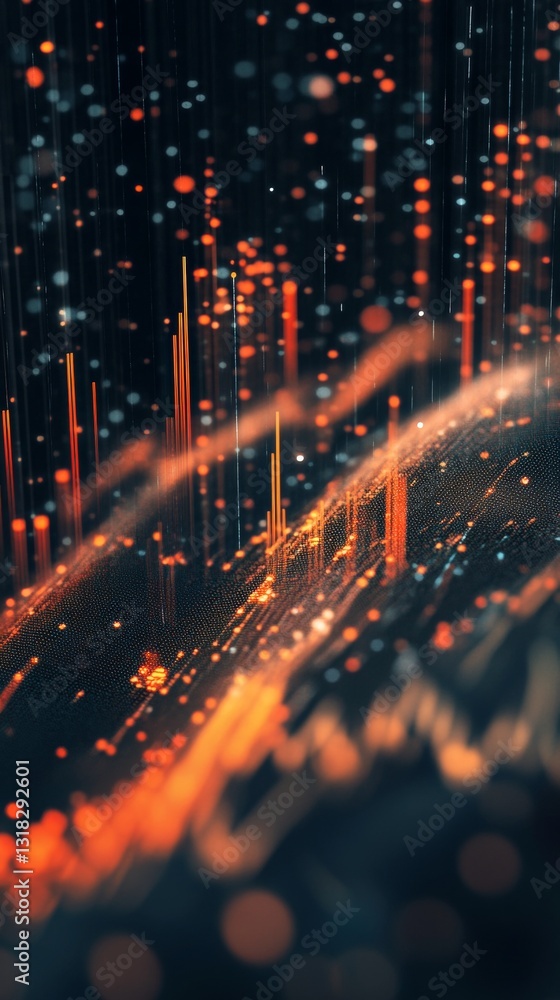 Poster abstract digital background with soft flowing waves and bright particles in motion