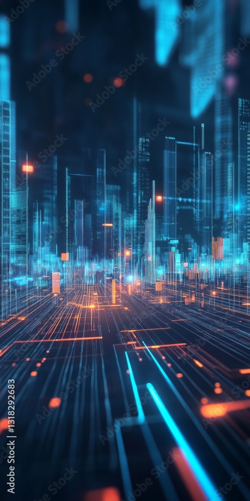 Canvas Prints futuristic cityscape with abstract neon lights and digital data flow at night