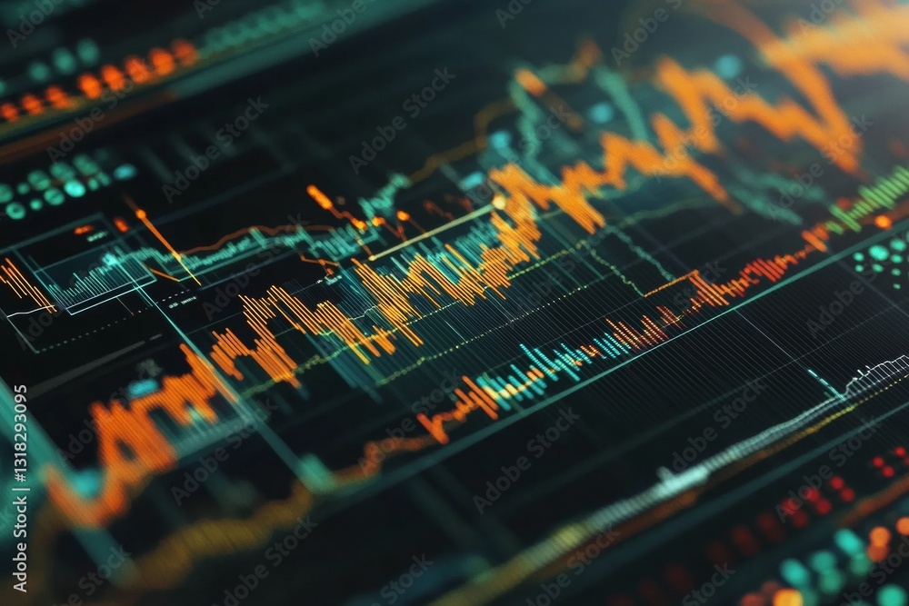 Poster dynamic financial data visualization with colorful graphs and trends on a digital screen