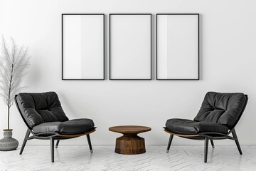 Vibrant Picture of Minimalist Interior with Three Empty Picture Frames on White Wall
