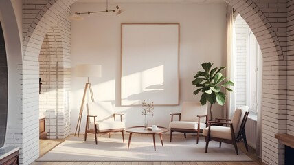 Fototapeta premium Minimalist Modern Living Room with White Brick Walls and an Arched Window