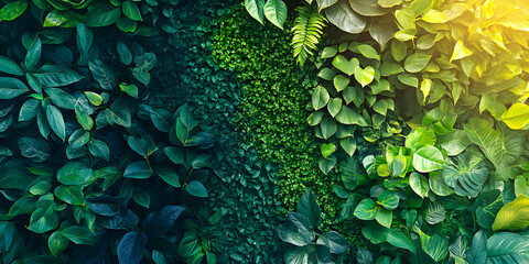 Lush Green Tropical Foliage Wall, Vibrant Leaves in Diverse Shades and Textures Create a Stunning Natural Tapestry