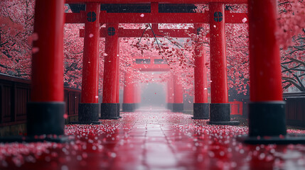 Rainy Day at Japanese Shrine Red Torii Gates, Cherry Blossoms, Falling Petals