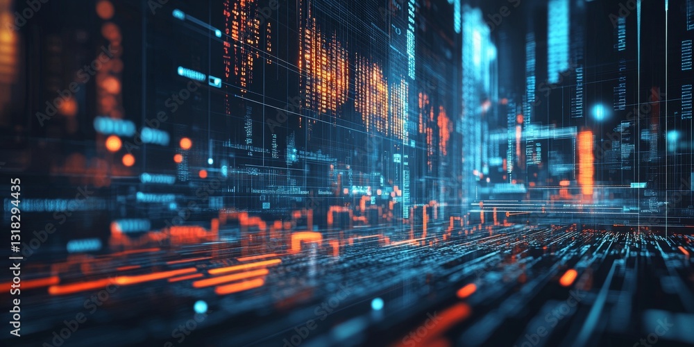 Poster futuristic digital data visualization with neon lights and abstract patterns in a virtual environmen