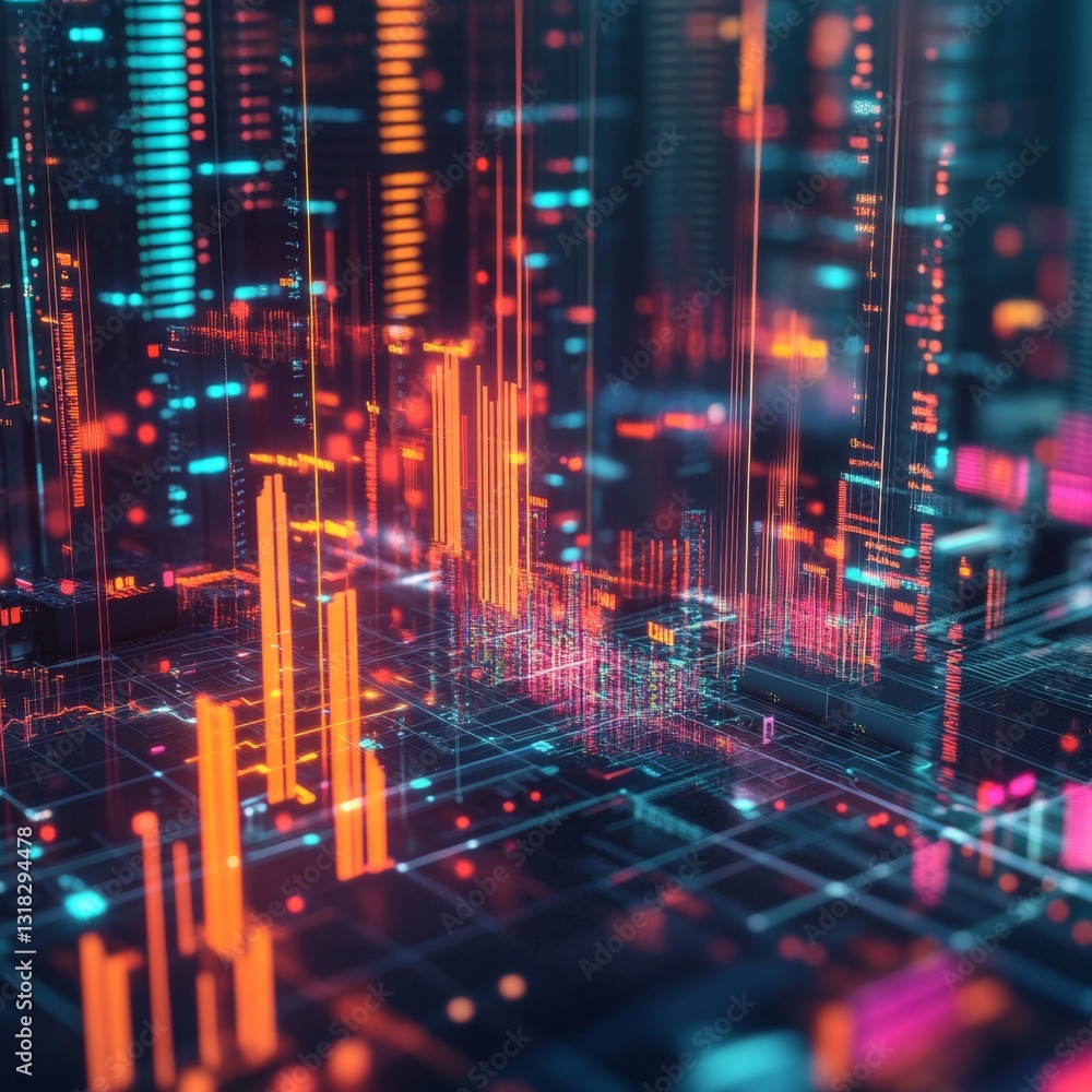 Poster digital data visualization in a futuristic cityscape with vibrant colors and complex patterns