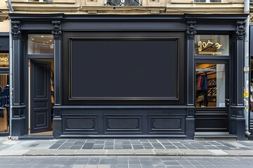 High Quality Visual of Horizontal Black Empty Signage on Clothes Shop Front with Copy Space