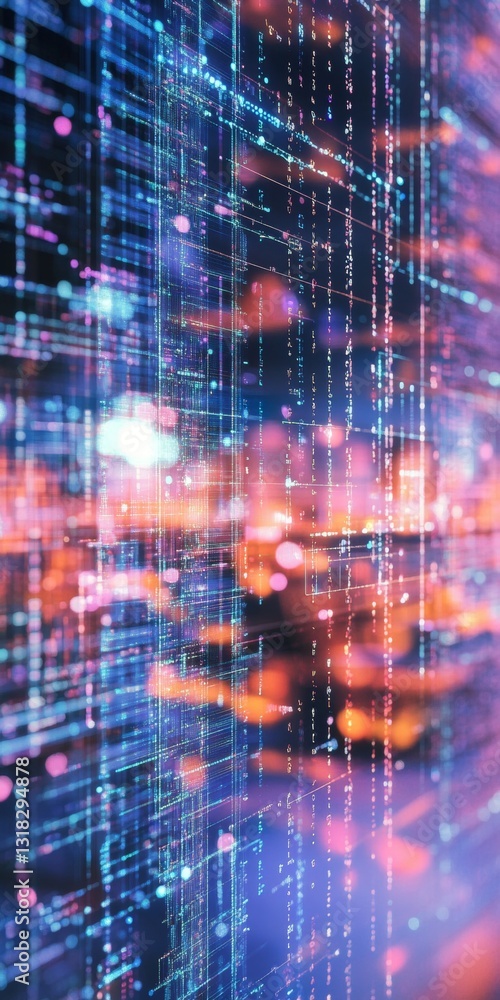 Poster dynamic abstract data visualization with colorful neon lights and digital patterns