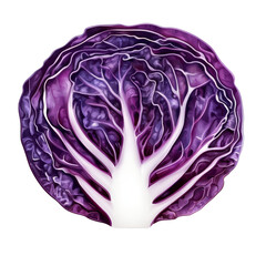 Obraz premium Slice of vibrant red cabbage showcasing intricate leaf patterns isolated on a plain transparent background, Red cabbage slice with leaf isolated on transparent background