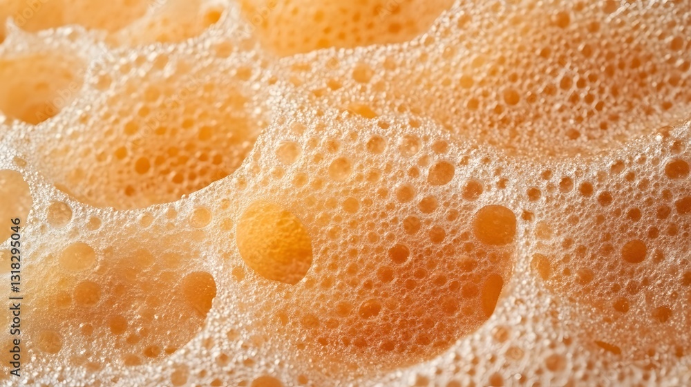 Poster close-up view of soft bubbles in orange foam texture background