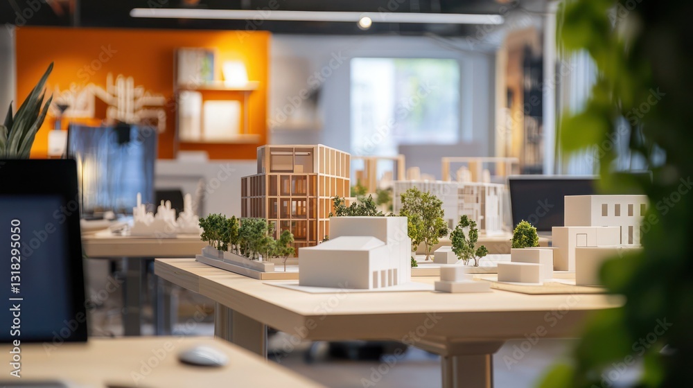 Poster a high-tech office with 3d-printed building models on display