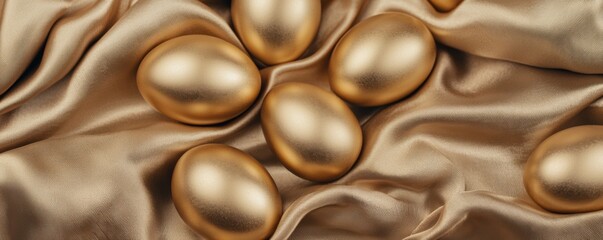 Fototapeta premium Golden eggs are scattered on a luxurious satin surface, creating a rich and elegant visual composition.