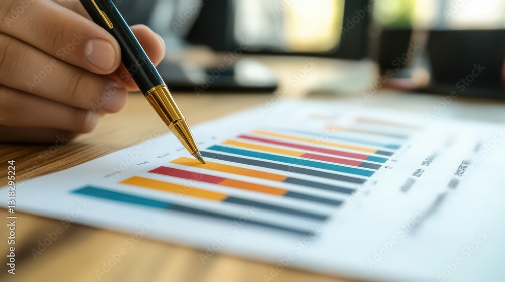 Poster analysis of financial data using a pen to examine the colorful bar chart