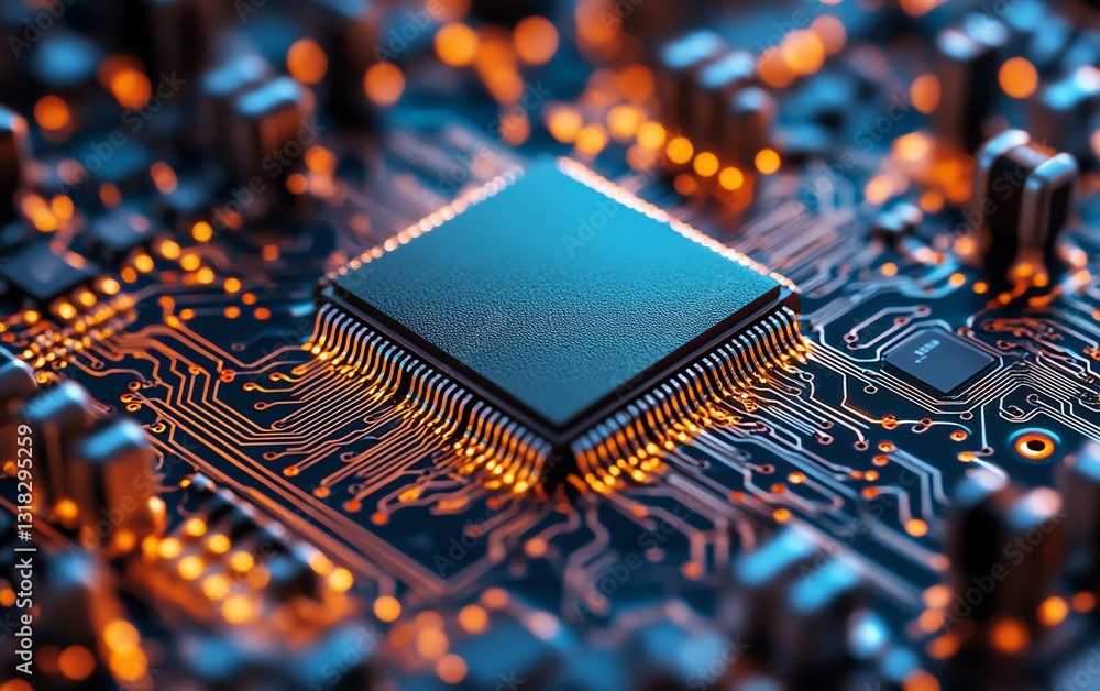 Poster closeup view of a semiconductor chip on a circuit board, emphasizing the precision of electronic com