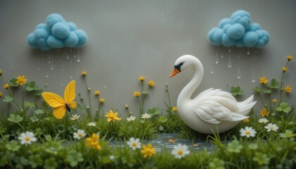 Serene Swan in a Rain Shower Peaceful Garden Scene with Butterfly and Flowers