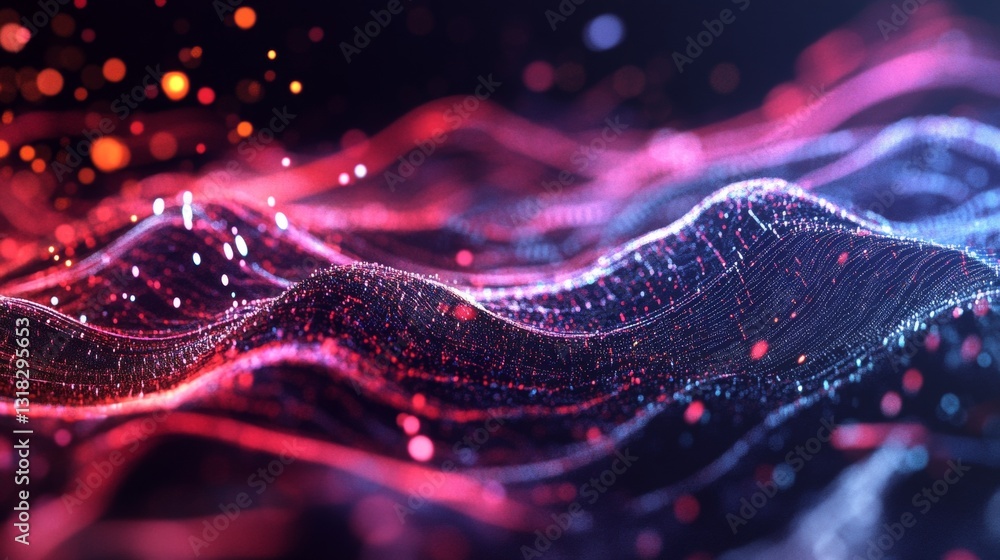 Poster colorful digital waves with sparkling patterns and illuminated light effects in abstract design