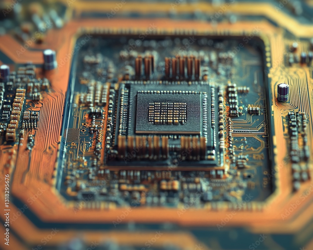 Poster highly detailed closeup of a semiconductor chip embedded in a circuit board, highlighting the comple