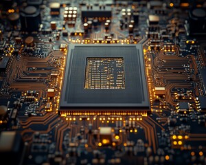 Highly detailed closeup of a semiconductor chip embedded in a circuit board, highlighting the complex electronic components and connections in semiconductor fabrication