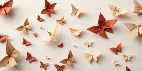 Floating origami butterflies in muted terracotta and sand beige flutter gracefully across a textured linen background; evenly spaced composition ensures