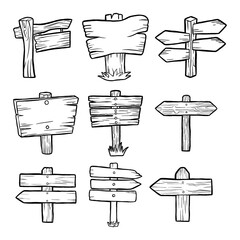 Set of Wood Sign Post, Hand Drawn Outline for Coloring, Decorative, and Any Design. Vector illustration.