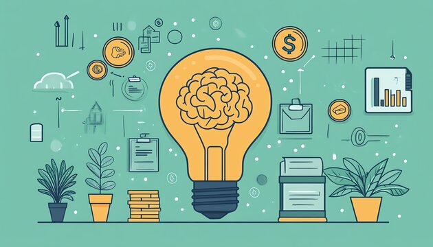 Innovative green solutions in a corporate office with a light bulb, plants, digital brain, and coins, representing sustainable business strategies