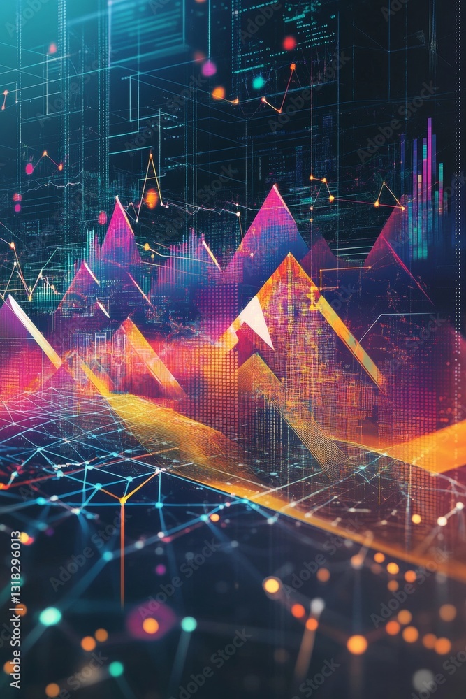 Poster abstract digital visualization with geometric mountains and vibrant colors representing data and tec