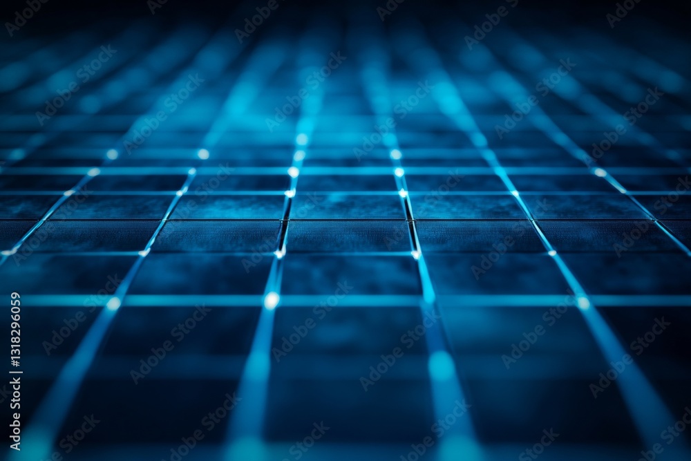 Poster close-up view of an abstract blue grid matrix with illuminated lines and textures