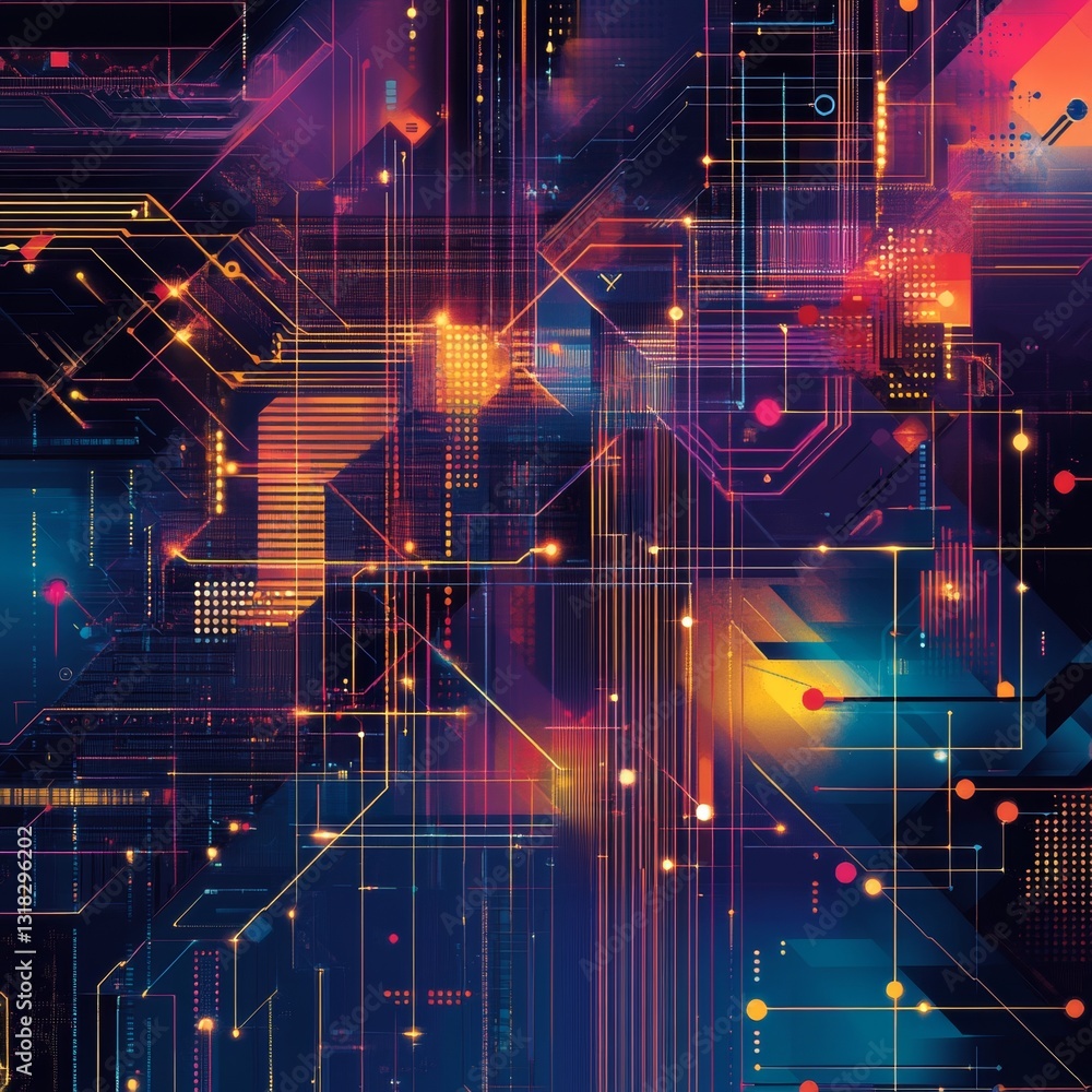 Poster abstract digital technology background with colorful patterns and geometric lines in futuristic desi