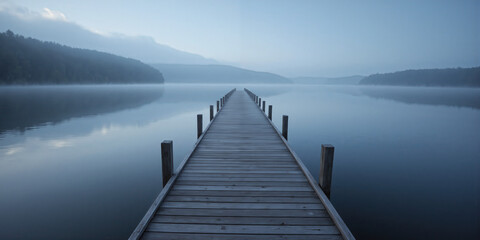 Tranquil lake pier in morning fog Mindfulness and meditation concept Tranquil lake pier extending into misty waters, foggy early morning atmosphere, cool blue