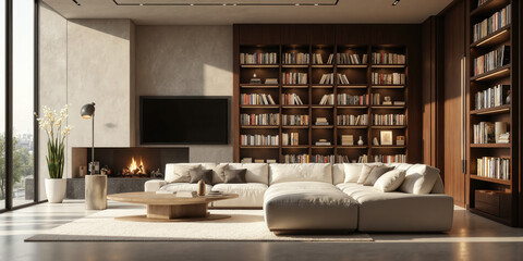 Mocha Musse smart home library with automated bookshelves that adjust based on user preferences and reading patterns. The shelves are