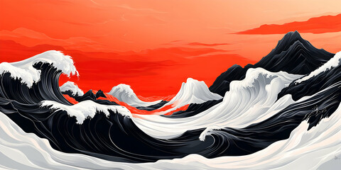 Crimson Sunset Over Black & White Waves, Majestic Mountain Peaks Rise Above, Dramatic Ocean Scene Under Fiery Sky, Artful Composition