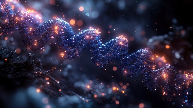 DNA strand being modified by nanobots, floating in a dark environment with bioluminescent highlights - Powered by Adobe