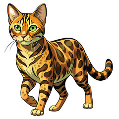 A majestic Bengal cat with a rich golden coat and dark rose markings, mid-stride, showcasing its elegant gait and powerful physique.