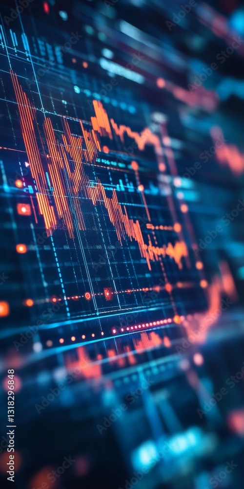 Poster dynamic financial market visualization with colorful graphs and data streams in digital environment