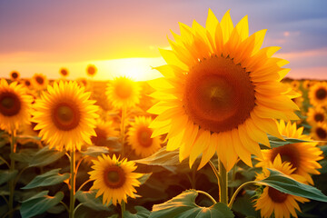 Obraz premium 【 AI Digital Art 】 Close up of Sunflowers, Blue Sky and Sunflowers