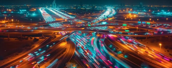 Aerial view shows a busy urban highway intersection at night