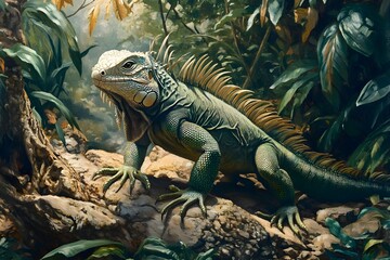 Illustration of Iguana in the tropical world, which moves majestically and nimbly on rocky ground and trees, it is a ruler among dense tropical plants