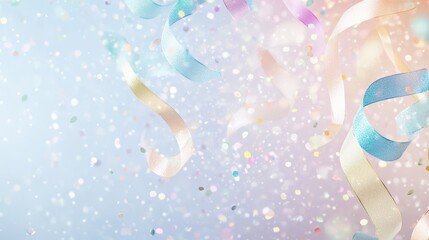Baby shower celebration background with pastel confetti and delicate floating ribbons