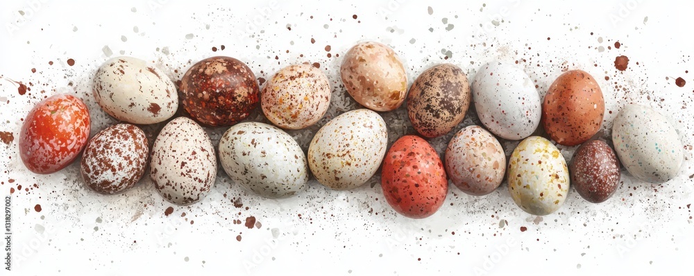 Poster A colorful array of speckled eggs arranged in a row, showcasing various shades and patterns against a white background.