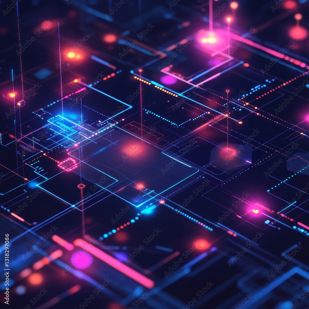 Poster abstract digital network visualization with colorful neon lights and futuristic patterns
