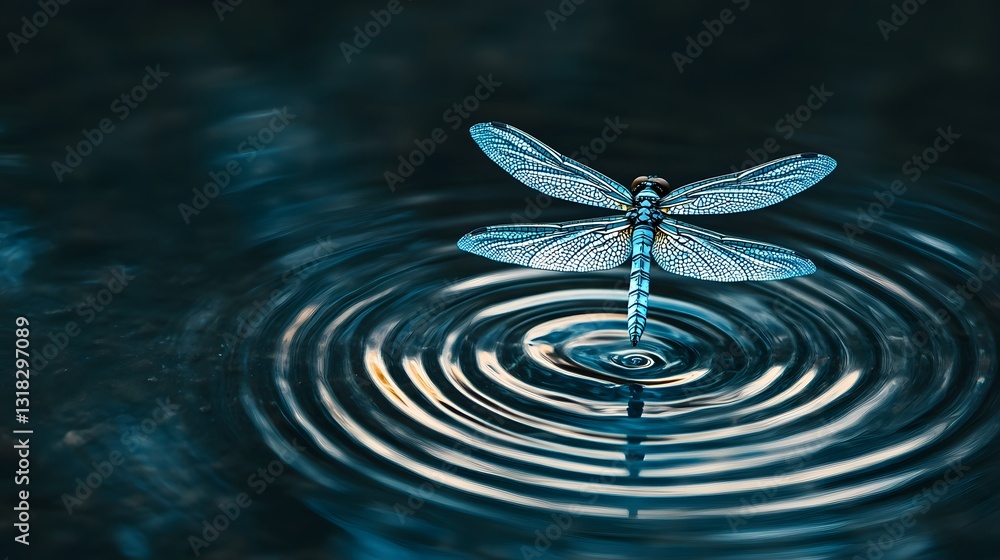 Poster dragonfly landing on water surface creating ripples in reflection
