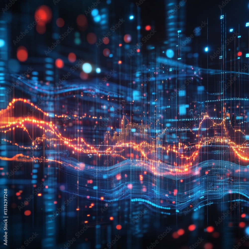 Poster abstract digital visualization of colorful data waves representing technology and communication