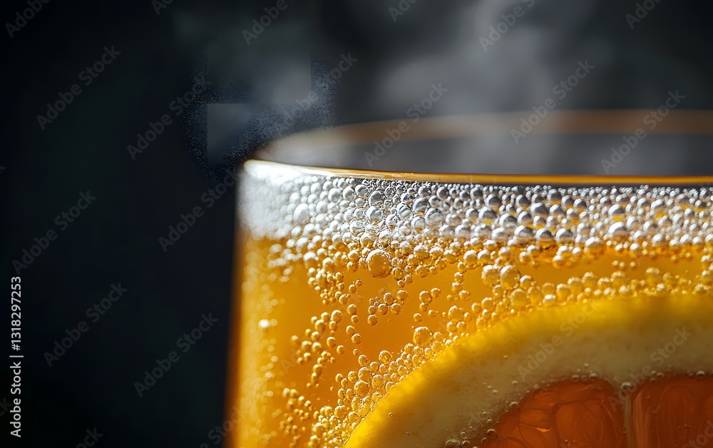 Aufkleber a close-up view of a refreshing beverage with bubbles and a lemon slice. the steam rising creates an