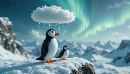 Obraz premium Two Puffins Sheltering Under a Cloud in a Snowy Mountain Landscape with Aurora Borealis