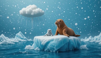 Adorable Walrus and Seal Pup on Ice Floe in Snowy Arctic Scene