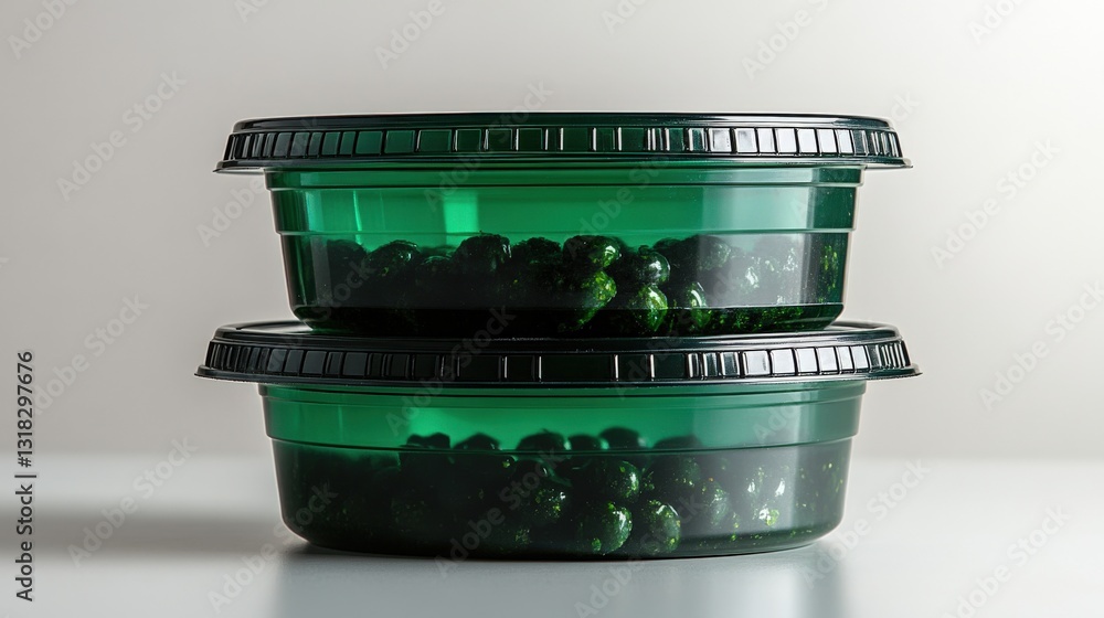 Poster two stacked transparent containers filled with green olives on a minimalistic background