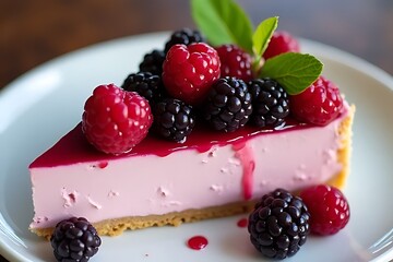 Delicious berry cheesecake slice kitchen food photography bright natural light close-up dessert inspiration