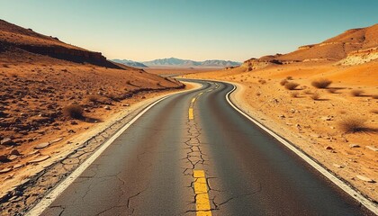 Cracked asphalt road winds through dry, barren landscape, sun-baked earth, outdoor, old