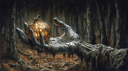 Obraz premium Enigmatic Creature Resting in a Dark Ominous Cave Surrounded by Mystical Ethereal Elements