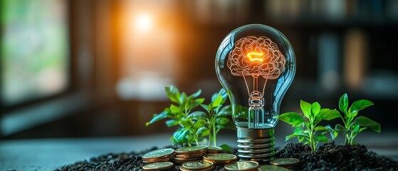 Brainstorming session in a corporate office for sustainable solutions, featuring a light bulb, plants, digital brain, and coins, representing green innovation