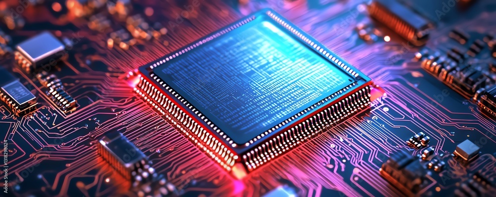 Poster closeup of a semiconductor chip on a circuit board, showcasing intricate electronic components and c